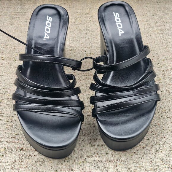 SODA Women Strappy Wedge Heel Sandal Black Vegan Faux Leather Shoes Size 6M - Picture 4 of 13